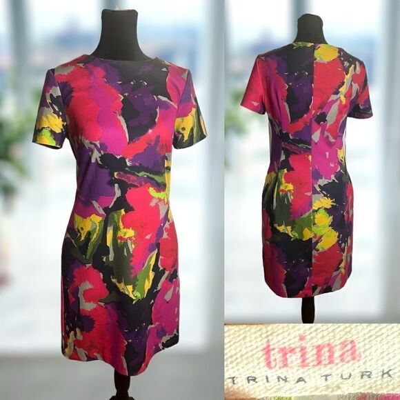 TRINA TURK Zap Print Pointe Colorful A Line Dress Size XS - Picture 1 of 14